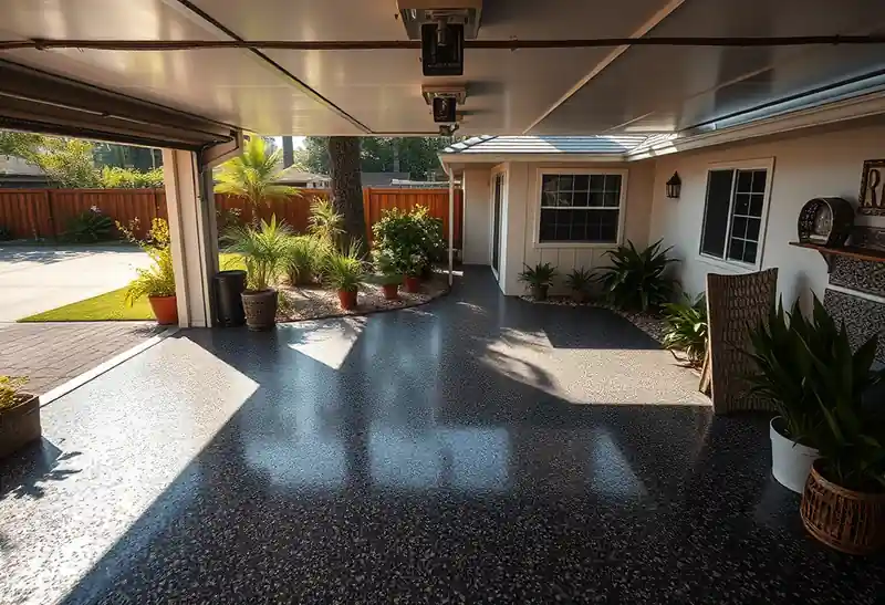 Illustration of garage floor with a glossy flake epoxy coating in a 1982-era home