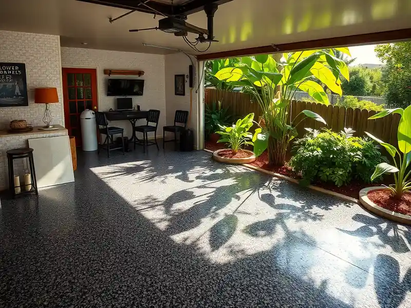 Illustration of close-up of materials and finishes of garage floor with a glossy flake epoxy coating in a 1982-era home