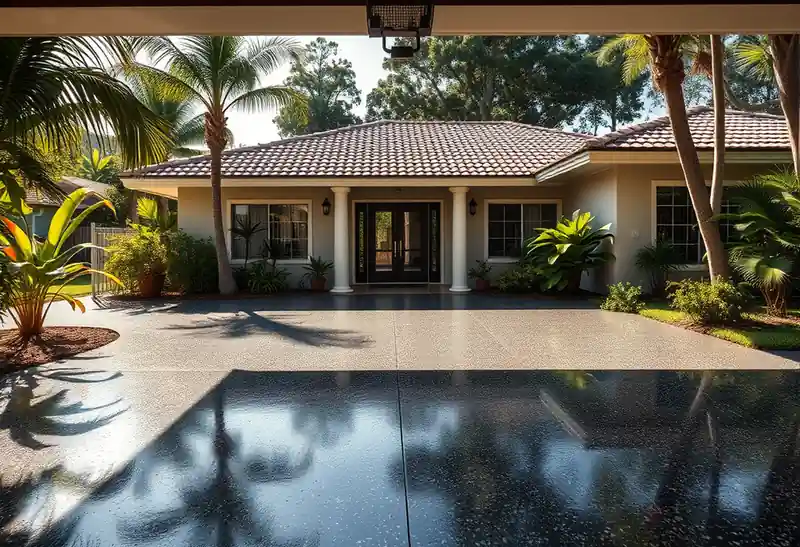 Illustration of garage floor with a glossy flake epoxy coating in a 1982-era home