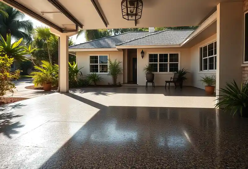 Illustration of garage floor with a glossy flake epoxy coating in a 1982-era home