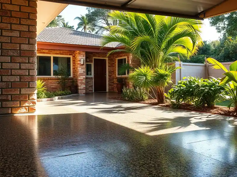 Illustration of close-up of materials and finishes of garage floor with a glossy flake epoxy coating in a 1982-era home