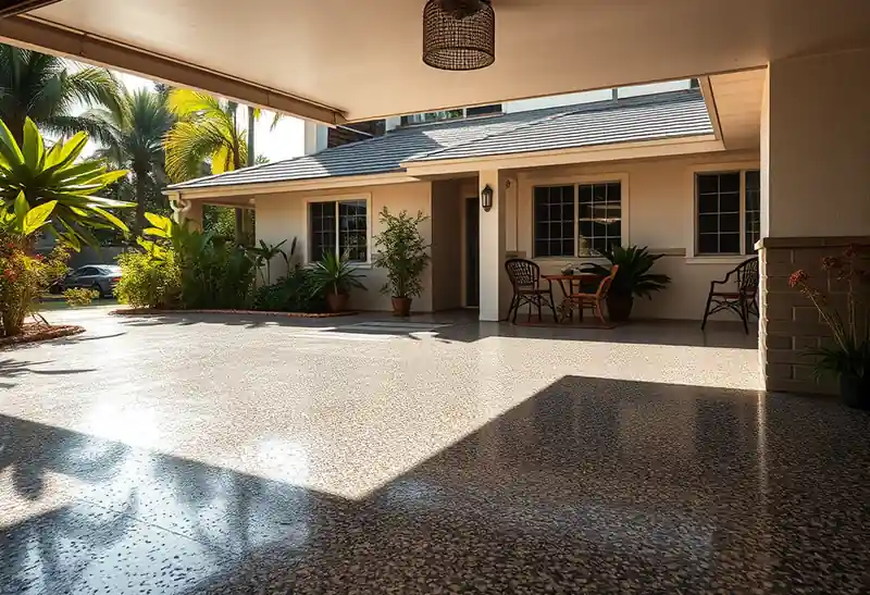 Illustration of garage floor with a glossy flake epoxy coating in a 1982-era home