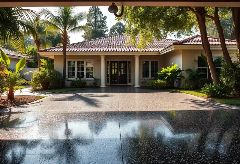 Illustration of garage floor with a glossy flake epoxy coating in a 1982-era home