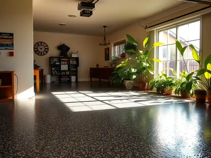Illustration of a garage interior with glossy flake epoxy flooring and potted plants.