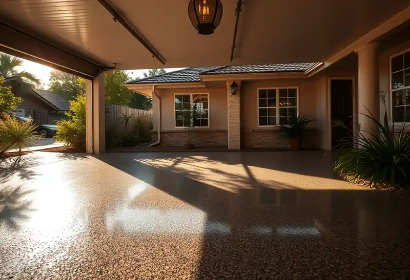 Illustration of garage floor with a glossy flake epoxy coating in a 1982-era home