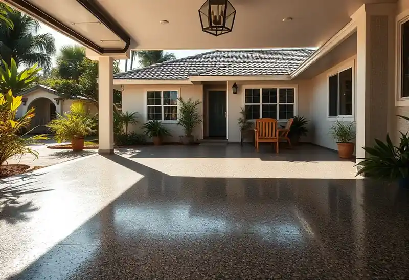 Illustration of garage floor with a glossy flake epoxy coating, as found in 1982-era homes