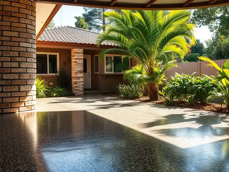 Illustration of close-up of materials and finishes of garage floor with a glossy flake epoxy coating, as found in 1982-era Ho