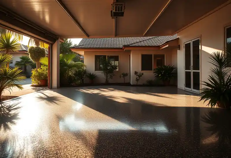 Illustration of garage floor with a glossy flake epoxy coating in a 1982-era home