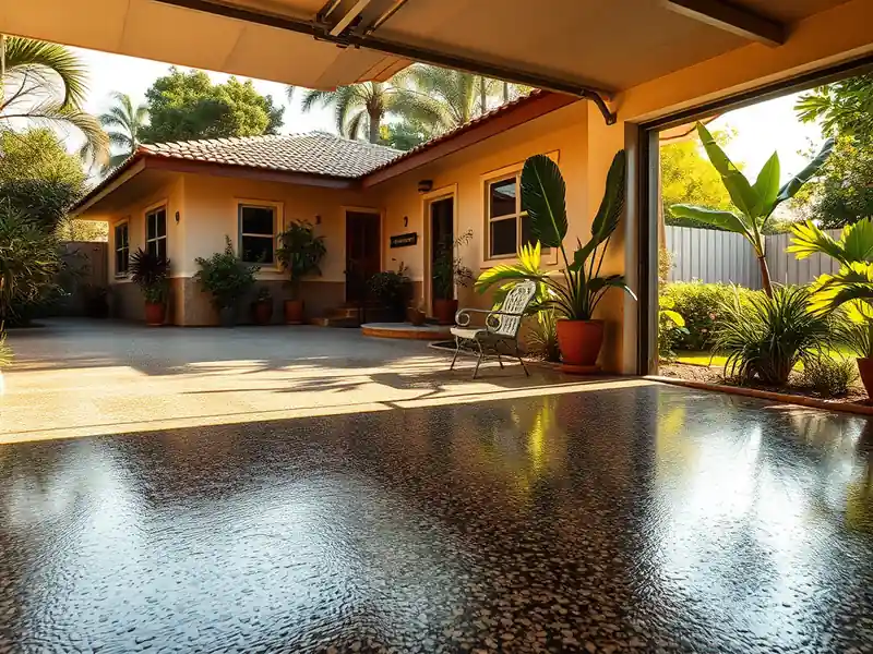 Illustration of close-up of materials and finishes of garage floor with a glossy flake epoxy coating in a 1982-era home
