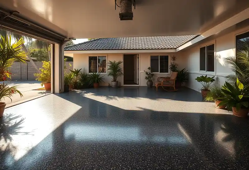 Illustration of garage floor with a glossy flake epoxy coating in a 1982-era home