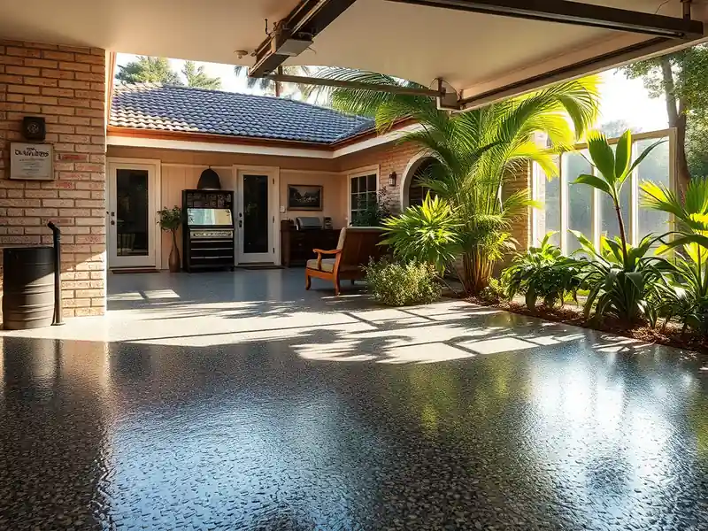 Illustration of close-up of materials and finishes of garage floor with a glossy flake epoxy coating in a 1982-era home