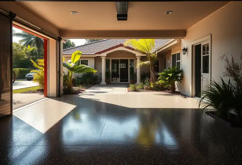 Illustration of garage floor with a glossy flake epoxy coating in a 1982-era home