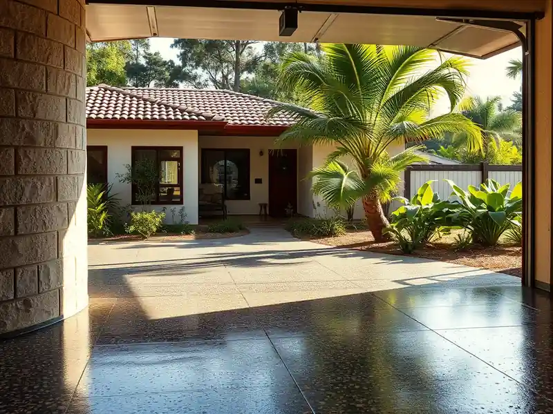 Illustration of close-up of materials and finishes of garage floor with a glossy flake epoxy coating in a 1982-era home