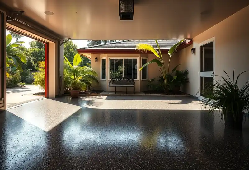 Illustration of garage floor with a glossy flake epoxy coating in a 1982-era home