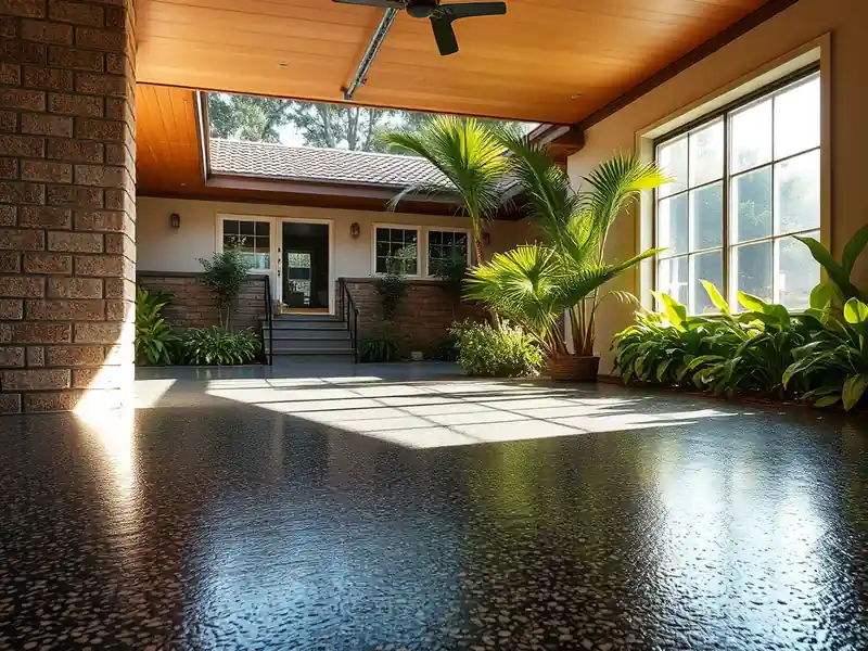 Illustration of close-up of materials and finishes of garage floor with a glossy flake epoxy coating in a 1982-era home